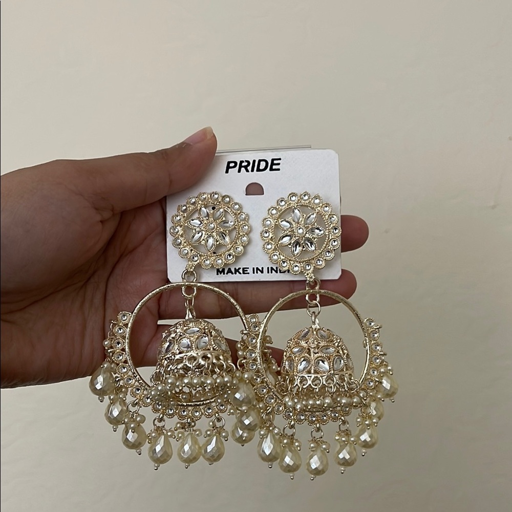 Gold and Cream Statement Earrings jhumka